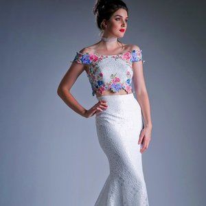 Two Piece Off The Shoulder With Embroidered Floral Appliques Dress